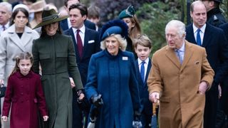 Princess Charlotte, Catherine, Princess of Wales, Camilla, Queen Consort, Prince George, King Charles III and Prince William, Prince of Wales attend the Christmas Day service