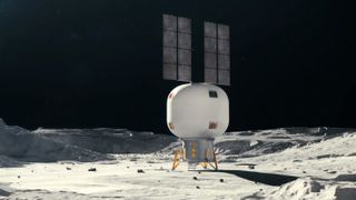 Artist&#039;s illustration of a white inflatable habitat on the moon.