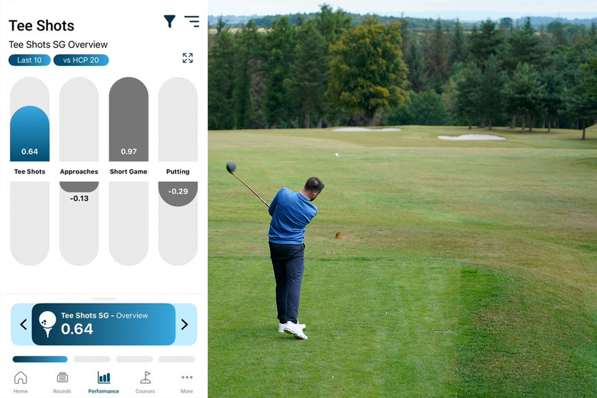 Baz Plummer hitting a tee shot with driver on the 3rd tee at Sand Moor Golf Club, with an inset image of his season average driving data from Shot Scope