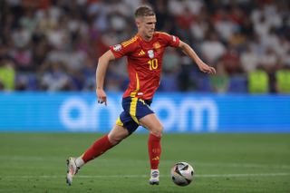 Dani Olmo in action for Spain against France at Euro 2024.