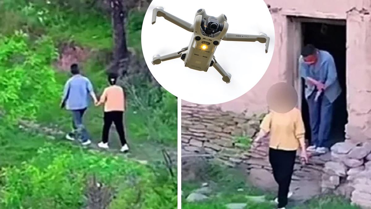 Drone footage of a man and woman, with image of a drone added separately