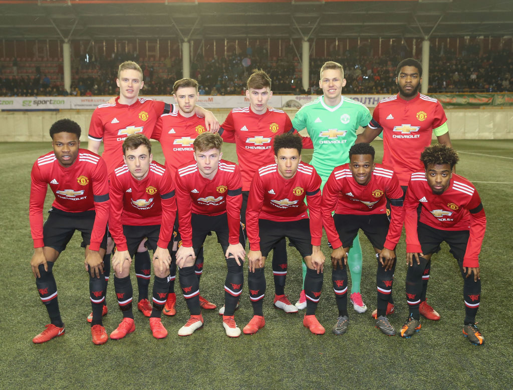 The Manchester United U19s team (Back Row L-R: Ethan Hamilton, Indy Boonen, James Garner, Alex Fojticek, Ro-Shaun Williams. Front Row L-R: Tyrell Warren, Lee O&#039;Connor, George Tanner, Nishan Burkart, Joshua Bohui, Angel Gomes) line up ahead of the UEFA Youth League match between FK Brodarac U19s and Manchester United U19s at Vozdovac Stadium on February 7, 2018 in Belgrade, Serbia.