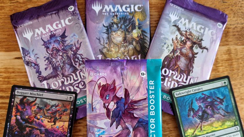 A collection of Lorwyn Eclipsed boosters and cards laid out in a fan pattern on a wooden surface