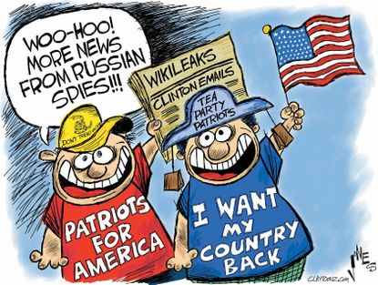 Political cartoon U.S. 2016 election Donald Trump supporters Hillary Clinton wikileaks