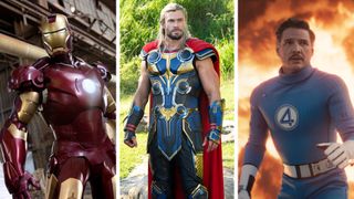 Split image showing screenshots from three Marvel movies. Left: Iron Man, Middle: Thor: Love and Thunder, and Right: The Fantastic Four: First Steps