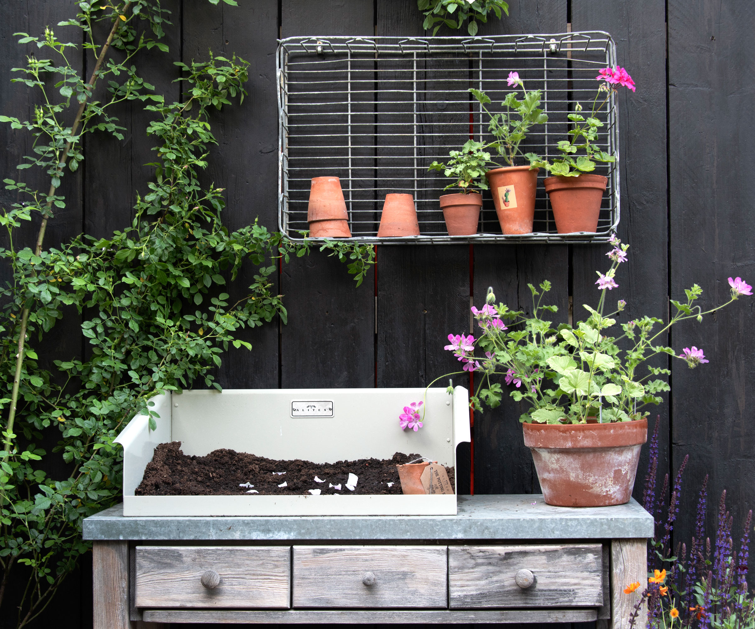 vintage potting table with soil and plants in terracotta pots