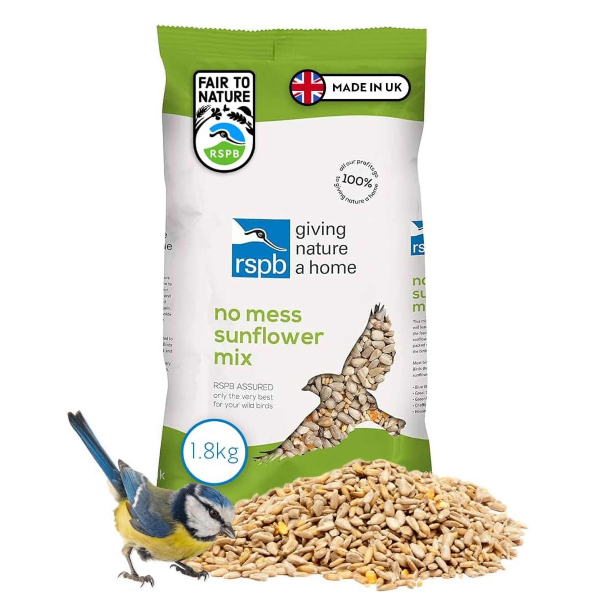 Rspb No Mess Sunflower Wild Bird Food Mix, 1.8 Kg, No Waste &amp;amp; No Mess to Clean Up, Great for Bird Feeders, Bird Tables &amp;amp; Ground Feeding. Supporting the Rspb Charity, Beige