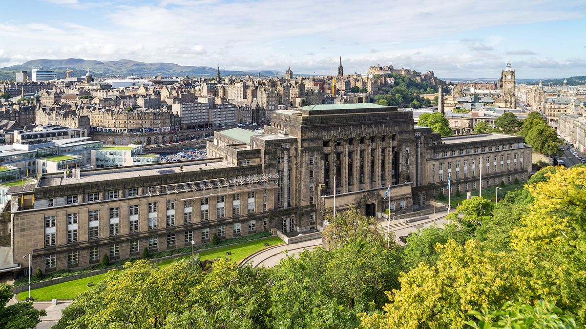 A view over Edinburgh with St Andrew&amp;#039;s House, home of the Scottish Parliament, in the foreground