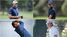 Four golfers watch their golf shots