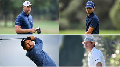 Four golfers watch their golf shots