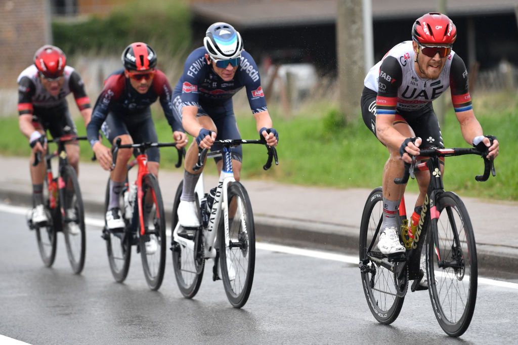 OVERIJSE BELGIUM APRIL 13 Matteo Trentin of Italy and UAE Team Emirates competes R during the 62nd De Brabantse Pijl La Flche Brabanonne 2022 Mens Elite a 2051km one day race from Leuven to Overijse BP22 on April 13 2022 in Overijse Belgium Photo by Luc ClaessenGetty Images