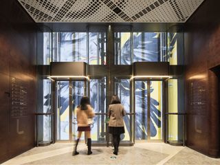 Entrance lobby from inside looking out at Thomas Heatherwick's 1000 Trees development in Shanghai