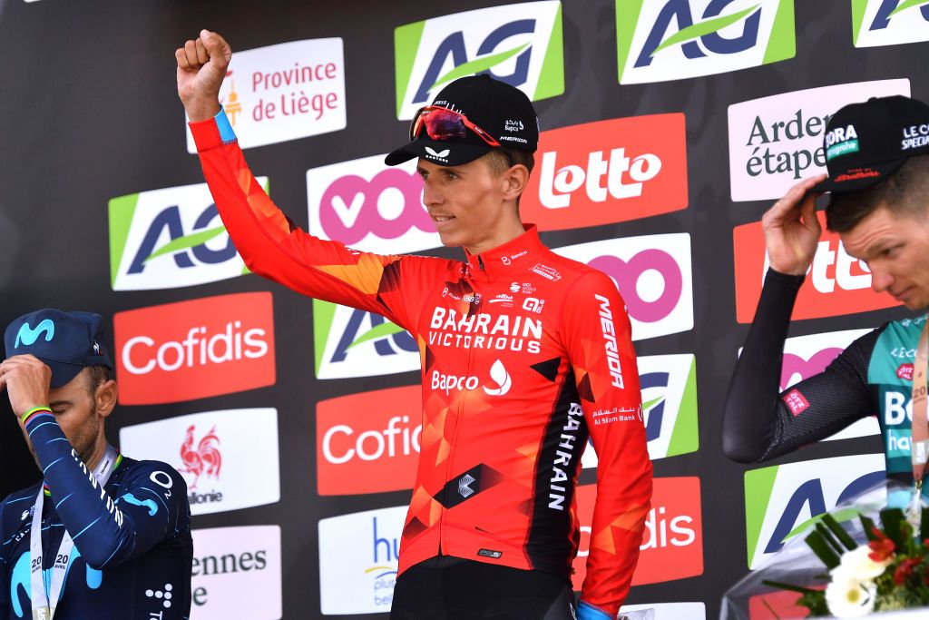 Dylan Teuns of Bahrain Victorious celebrates winning La Flèche Wallonne