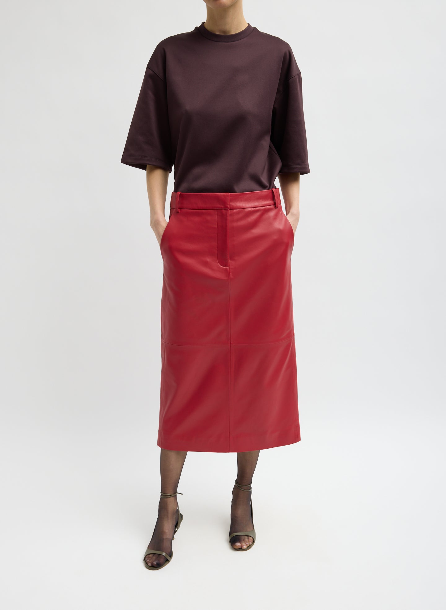 Leather Midi Trouser Skirt - Red / 00 / T000le5248