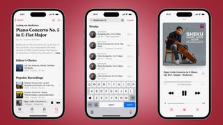 Drei Smartphone-Bildschirme auf rotem Hintergrund zeigen die Apple Music Classical App