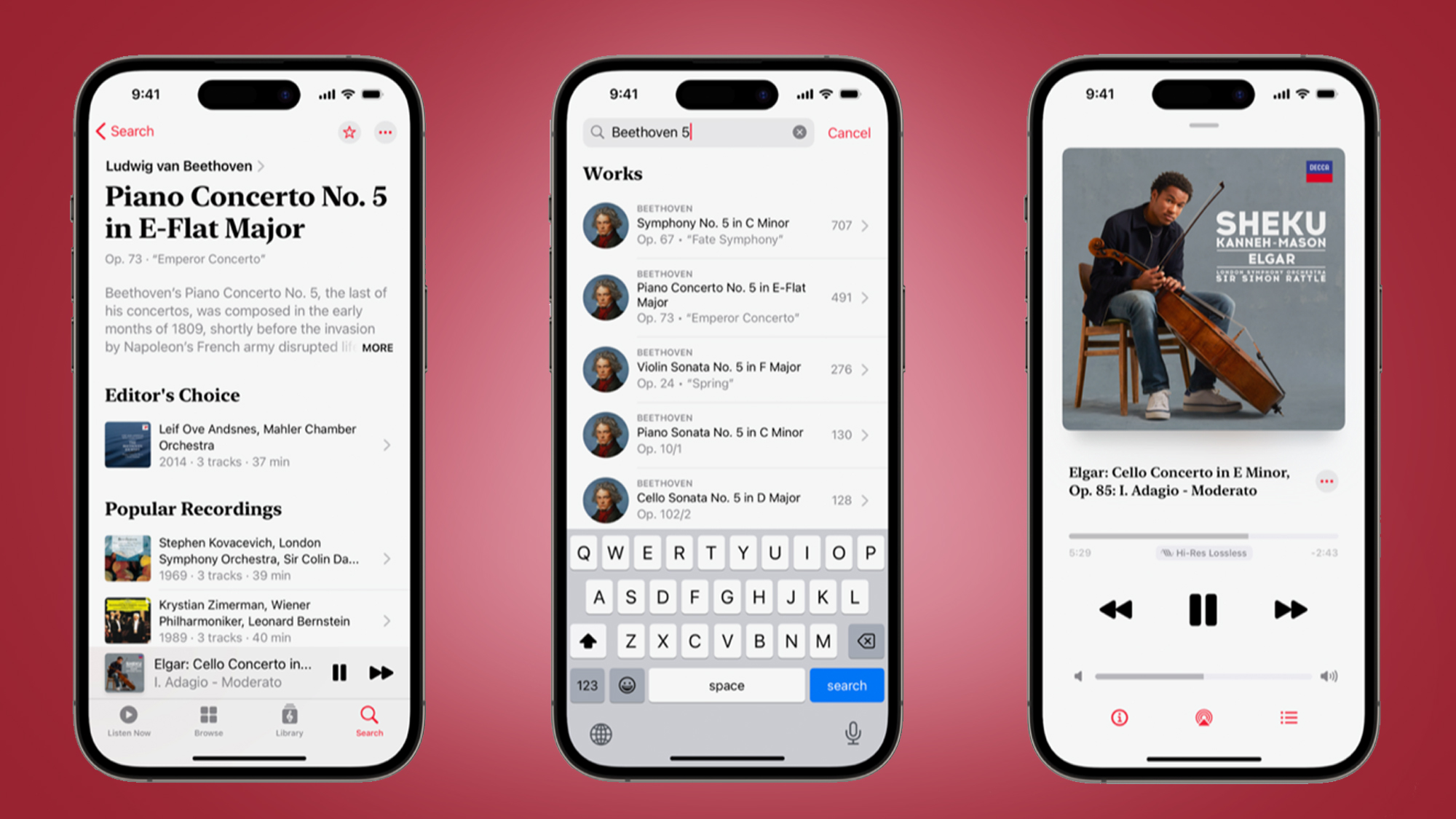 Three phone screens on a red background showing the Apple Music Classical app