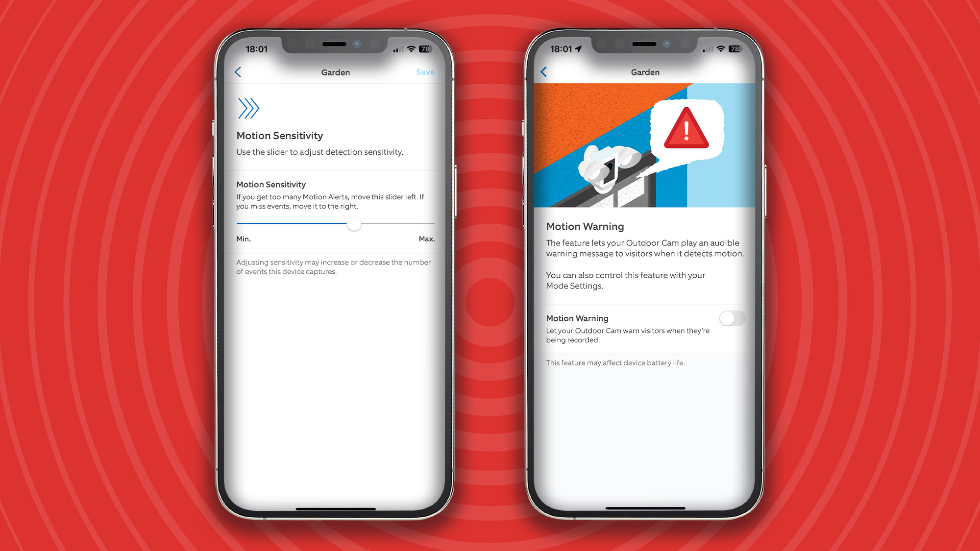 Screengrabs of motion detection settings for Ring Outdoor Camera Plus
