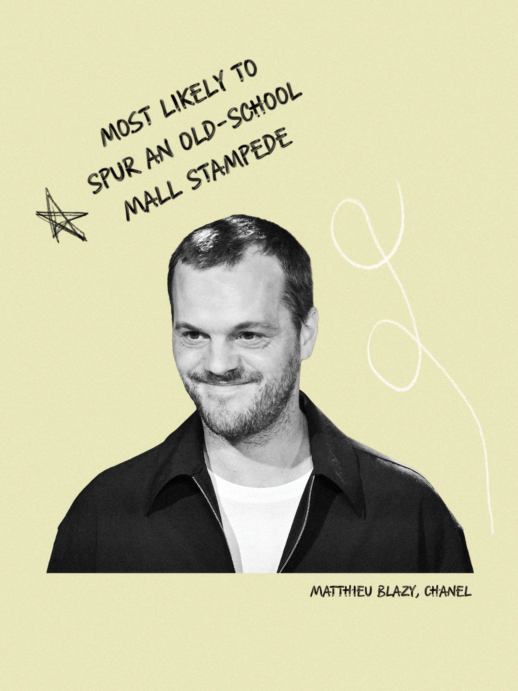 Matthieu Blazy, the creative director at Chanel, smiling. On the slide, it says, "Most Likely to Spur an Old-School Mall Stampede."