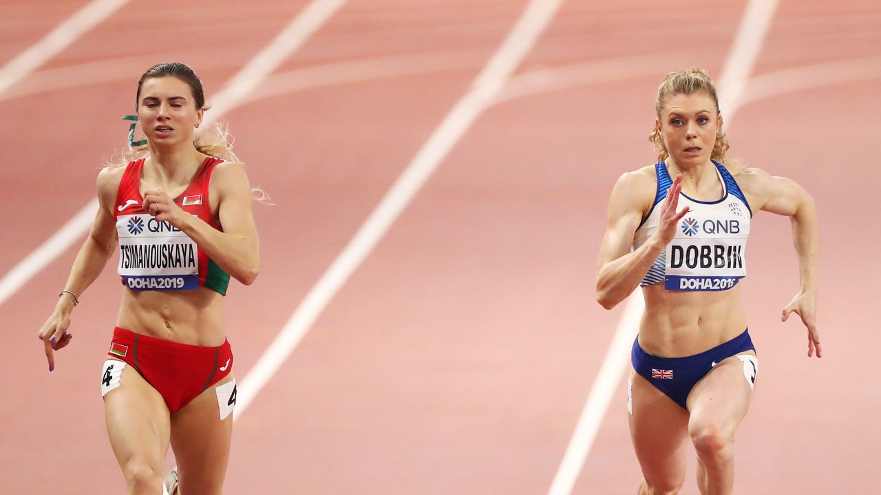 Krystsina Tsimanouskaya (left) alongside Beth Dobbin of Team GB 