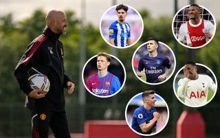 Manchester United manager Erik ten Hag with inset transfer targets; Frenkie De Jong, Vitinha, Sebastien Haller, Leandro Parades, Steven Bergwijn and Mason Mount