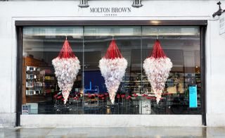 The fragile Molton Brown installation made of metal roses and packaging bottles is by Knox Bhavan and Susie MacMurray