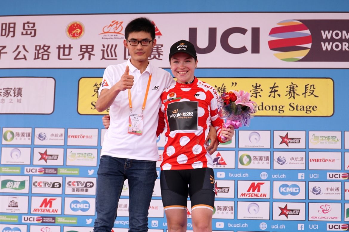 Lucy Garner in the polka-dots after collecting the sole KOM point