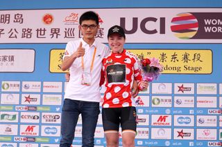 Lucy Garner in the polka-dots after collecting the sole KOM point