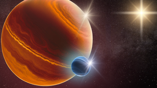 An illustration of a gas giant planet next to a much smaller blue planet