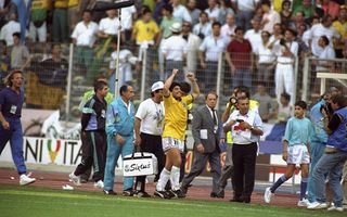 24 Jun 1990: Diego Maradona of Argentina celebrates after the World Cup match against Brazil at the Delle Alpi Stadium in Turin, Italy. Argentina won the match 1-0.