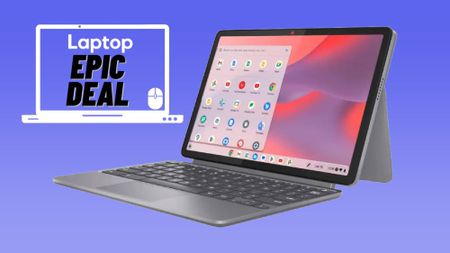 Lenovo Chromebook duet 11 gen 9 with folio keyboard against blue gradient background.