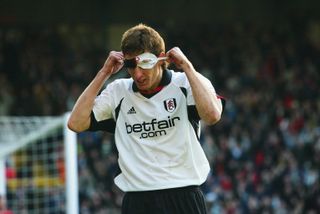 Facundo Sava dons a mask after scoring for Fulham against Liverpool in 2002.