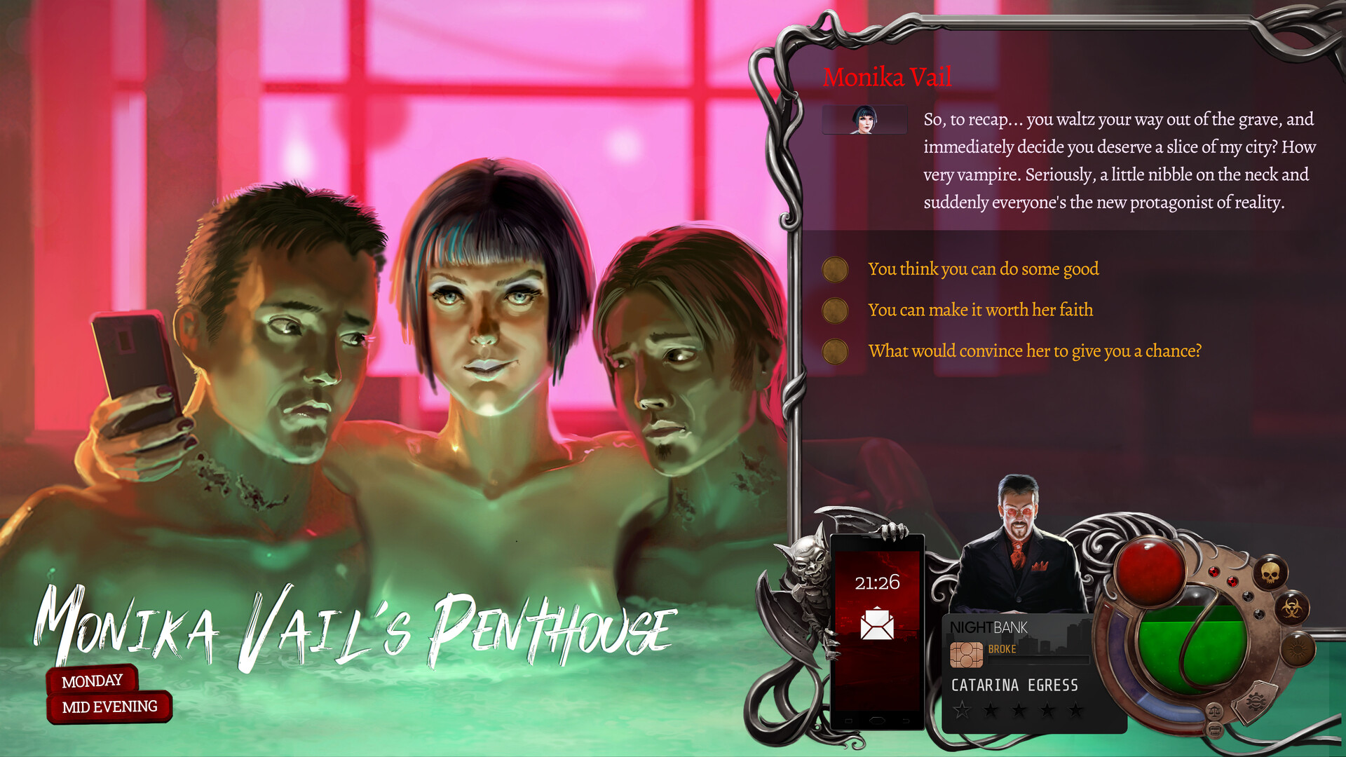 A vampire and two bloodbags in a hot tub in Nighthawks