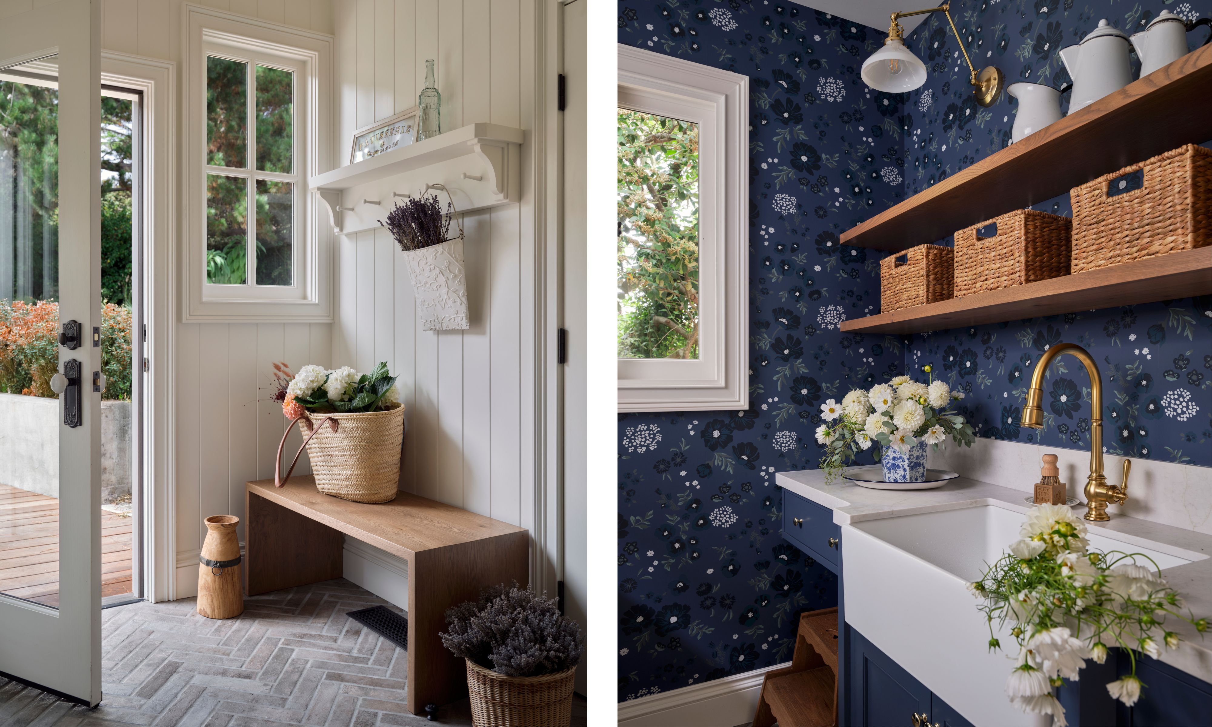 two side by side images of a white paneled entry on the left, and a blue floral wallpapered laundry room on the right with a farmhouse sink and open shelving