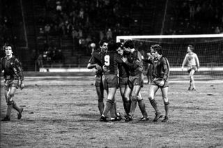 Barcelona players celebrate a goal against Lokomotive Leipzig in the European Cup Winners' Cup in March 1982.