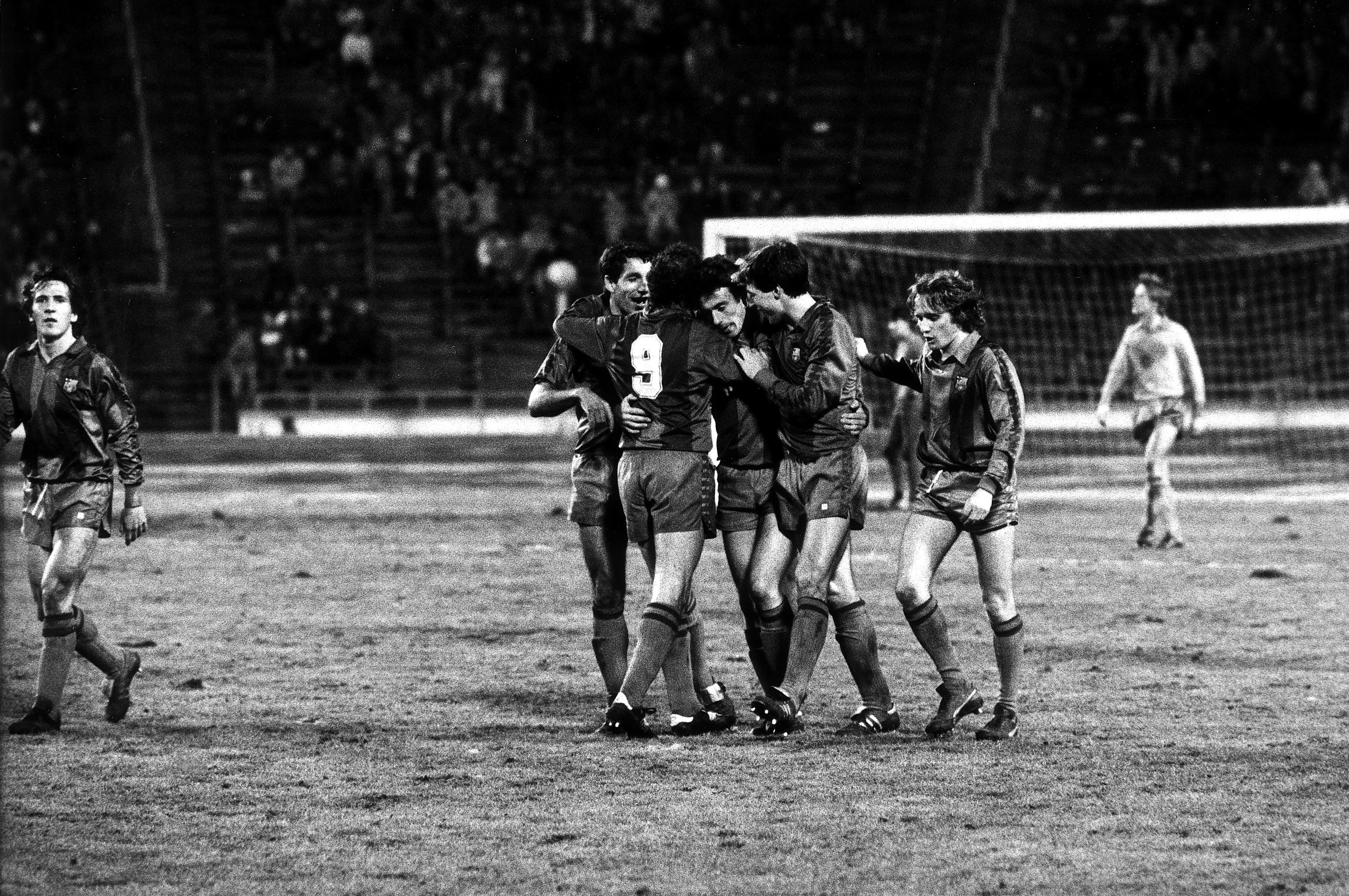 Barcelona players celebrate a goal against Lokomotive Leipzig in the European Cup Winners' Cup in March 1982.