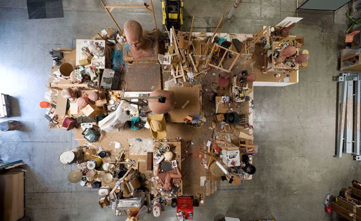 An art installation called &#039;Pig Island&#039; by Paul McCarthy photographed from above.