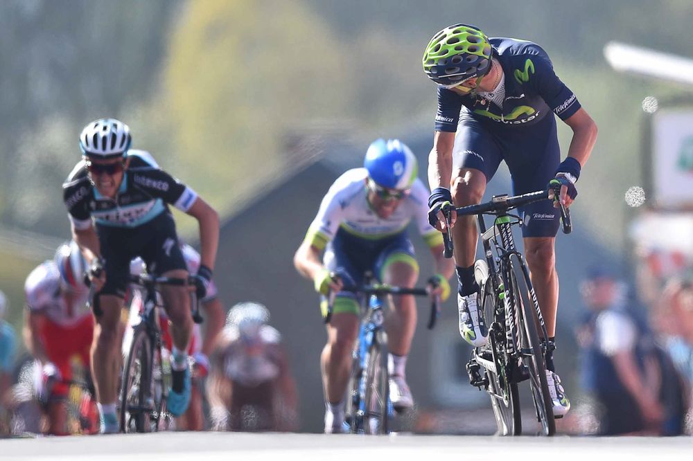 Alejandro Valverde jumps away on the Mur de Huy.