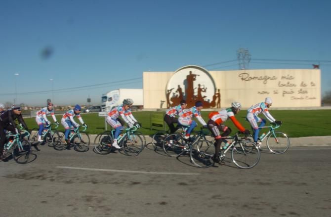 The team head out in the town featured in the Memorial Marco Pantani race