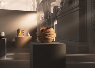 A render replicating the Great Hall of the Musée des Arts Décoratifs, Paris, with a virtual exhibition of the Loewe Foundation Craft Prize. The ceramic work of Takayuki Sakiyama, special mention from the jury, can be seen in the picture