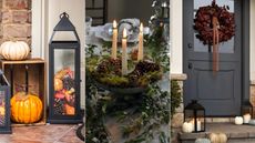 lanterns filled with fall decor and pumpkins, table centrepiece with foliage and taper candles, front door with dark red wreath