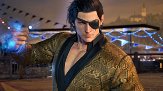 Claudio Serafino in a custom costume with an eyepatch, black hair and snakeskin jacket.