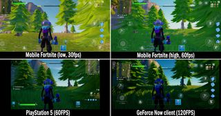 Comparing Fortnite on mobile, PS5, and GeForce Now