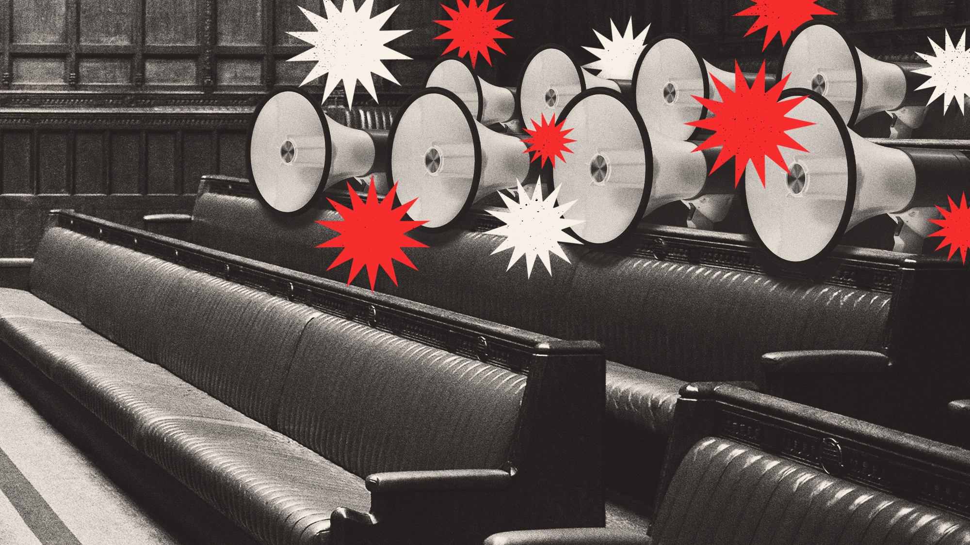 Photo composite illustration of Commons chamber benches filled with noisy megaphones