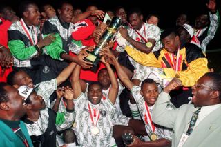 Nigeria players celebrate after beating Zambia to win the Africa Cup of Nations in April 1994.