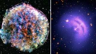 A splitscreen. On the left, a multicolored and fuzzy looking structure. On the right, a glowing purple area against the backdrop of space.
