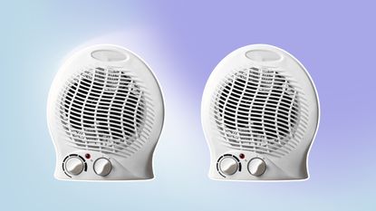Two white space heaters on purple and blue background