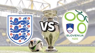 The England and Slovenia club badges on top of a photo of the Euro 2024 trophy and match ball