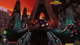 The player, wielding dual sawed-off shotguns, approaches a group of monsters in Project Warlock 2.
