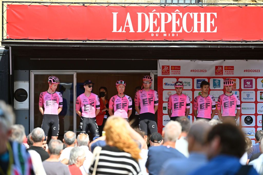 NARBONNE FRANCE JUNE 15 Diego Andrs Camargo of Colombia Simon Carr of The United Kingdom Odd Christian Eiking of Norway Michael Valgren of Denmark Marijn van den Berg of The Netherlands ukasz Winiowski of Poland and Team EF EducationEasyPost prior to the 47th La Route DOccitanieLa Depeche Du Midi 2023 Stage 1 a 1843km stage from Narbonne to Gruissan on June 15 2023 in Narbonne France Photo by Luc ClaessenGetty Images