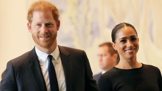 Prince Harry, Duke of Sussex and Meghan, Duchess of Sussex arrive at the United Nations Headquarters on July 18, 2022 in New York City. Prince Harry, Duke of Sussex is the keynote speaker during the United Nations General assembly to mark the observance of Nelson Mandela International Day where the 2020 U.N. Nelson Mandela Prize will be awarded to Mrs. Marianna Vardinogiannis of Greece and Dr. Morissanda Kouyaté of Guinea.
